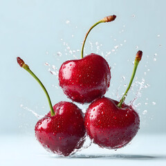 Close-up of vibrant red cherries with green stems splashing in water on minimal background, juicy fresh fruit in motion for summer freshness, healthy food, beverage advertising, and clean design theme