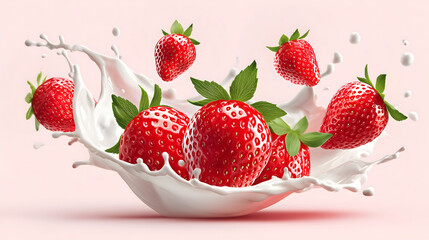 Fresh ripe strawberries in milk splash on pastel background, eight juicy red berries with green leaves, realistic 3D illustration of strawberry fruit, dairy splash, and summer freshness concept