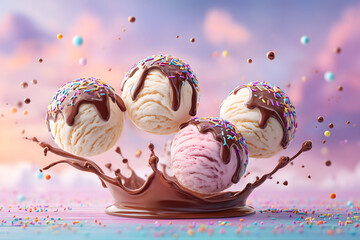 Four delicious ice cream scoops with colorful sprinkles and chocolate syrup in dynamic motion on pastel background for dessert celebration, sweet food design, indulgent treat ads, and dairy branding