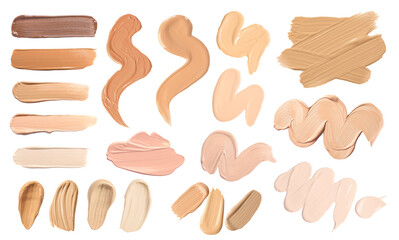 Skin foundation in different shades on white background, set. Palette of cosmetic product