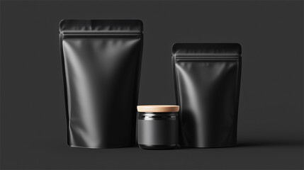 Minimalist black packaging mockup with two matte stand-up pouches and one small glass jar with wooden lid on dark background, blank template for product branding, food packaging, or cosmetics design