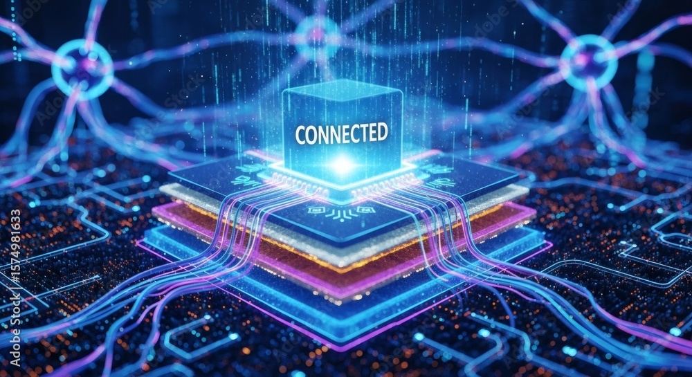 Poster connected technology digital network internet system communication future innovation solutions data