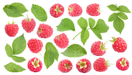 Fresh raspberries and green leaves on white background, collage