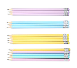 Many graphite pencils on white background, set. Top view