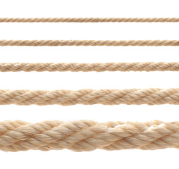 Ropes of different thickness isolated on white, set