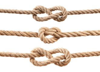 Ropes with different knots isolated on white, set