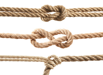 Ropes with different knots isolated on white, set