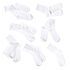 Clean white socks isolated on white, collage. Top view