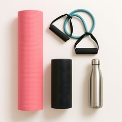 Set of sports equipment: pink yoga mat, black massage roller, expander and metal water bottle. Fitness and health concept.