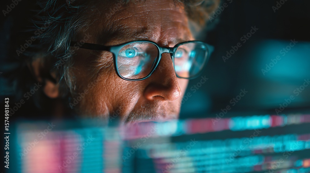 Poster intense focus of a coder with glasses gazing at a glowing monitor screen in dim light.