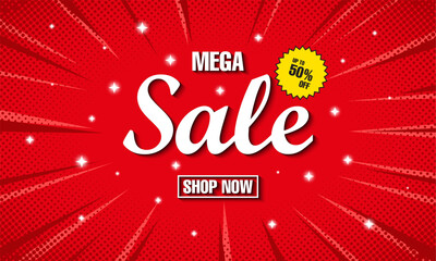 Sale banner template design with comic background , Mega sale special up to 50% off. Super Sale, end of season special offer banner. vector illustration