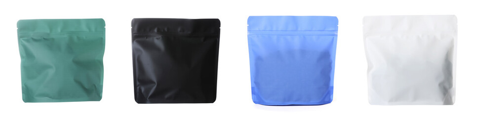 Zipper stand-up pouches in different colors on white background, set. Mockup for design