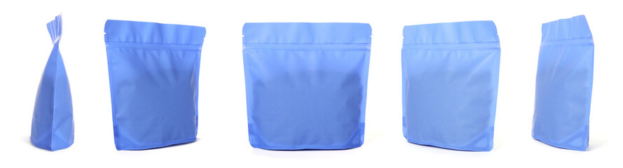 Bright zipper stand-up pouch on white background, collage. View from different sides © New Africa