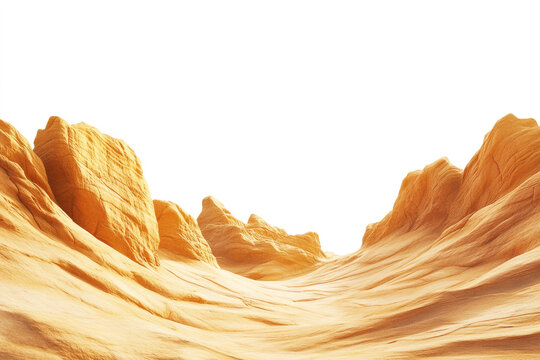 Panoramic view of a desert canyon with textured sandstone cliffs against white background