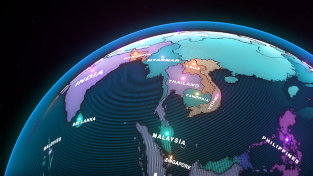 This image is a stylized 3D-rendered digital map of Southeast Asia and surrounding regions., 3d rendering, 