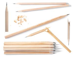 Wooden graphite pencils and shavings on white background, collage