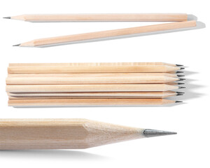 Wooden graphite pencils on white background, collage