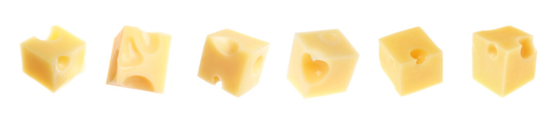 Cubes of fresh cheese on white background, set