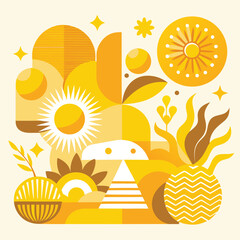 Sunny beach illustration with sea waves palm trees and tropical summer vibe