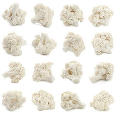 Many fresh cauliflower florets on white background, collage