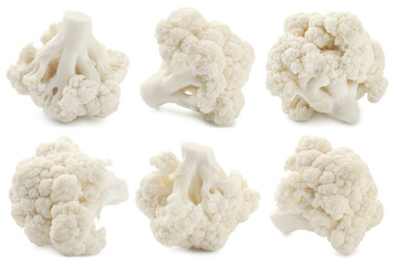 Many fresh cauliflower florets on white background, collage
