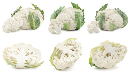 Fresh raw cauliflowers on white background, collage