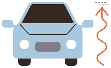 Blue car front view with orange wavy lines rising upward. Ideal for vehicle energy, air pollution, emission, sustainability, environmental issues, climate impact, simple flat metaphor