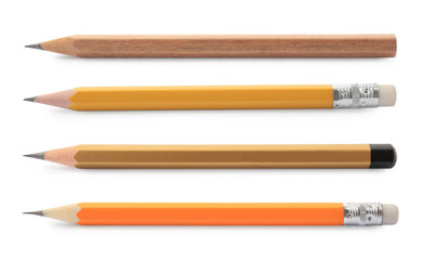 Different graphite pencils on white background, set