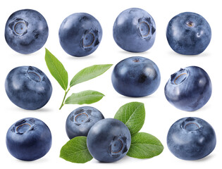 Fresh blueberries and green leaves isolated on white, collage