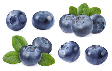 Fresh blueberries and green leaves isolated on white, collage