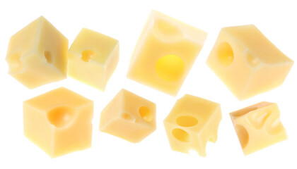 Cubes of fresh cheese on white background, collage