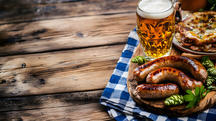 a horizontal layout of a wooden table with oktoberfest menu, beer glass, sausage plate and hops