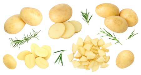 Fresh raw potatoes and rosemary on white background, collage