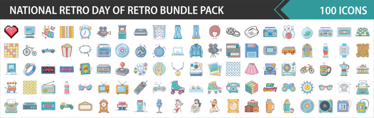 National Retro Day & Vintage Culture Vector Icons Bundle Pack - Flat Design Illustrations for Nostalgia & Past Decades