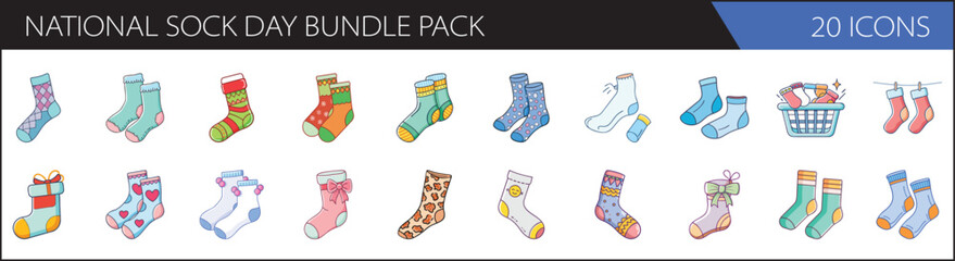 National Sock Day & Apparel Footwear Vector Icons Bundle Pack - Flat Design Illustrations for Clothing & Laundry