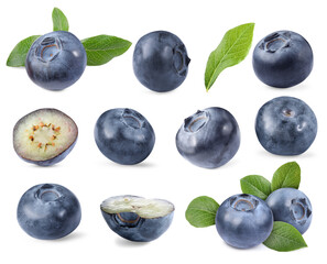 Fresh blueberries and green leaves isolated on white, collage