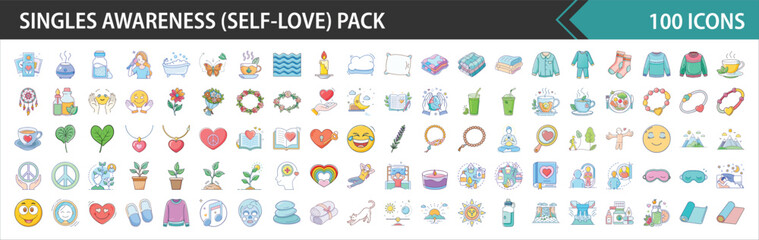 Self-Love & Personal Well-being Vector Icons Pack - Flat Design Illustrations for Mindfulness & Self-Care