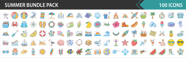 Summer Vacation & Beach Holiday Vector Icons Bundle Pack - Flat Design Illustrations for Seasonal Fun