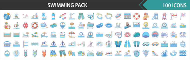 Fototapeta premium Swimming & Pool Activities Vector Icons Pack - Flat Design Illustrations for Water Sports & Recreation