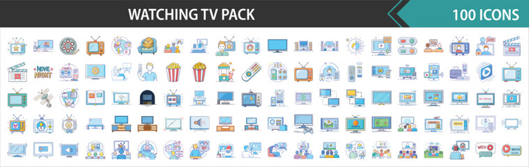 Watching TV & Media Entertainment Vector Icons Pack - Flat Design Illustrations for Home Cinema & Digital Content