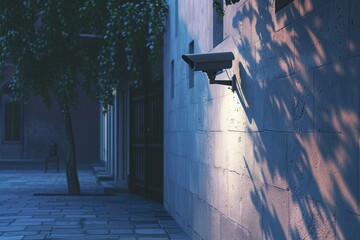 Modern cctv camera mounted on a wall, providing surveillance in a quiet urban street at dusk