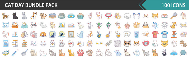 100 Cat Day Bundle Pack - Comprehensive Feline, Pet Care, and Animal Lifestyle Vector Icons Collection