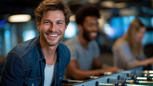 Colleagues Enjoying Foosball During Office Break