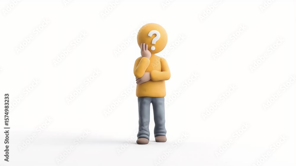 Poster pondering figure: 3d character with question mark head in deep thought