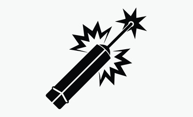 Dynamite stick silhouette, Dynamite stick with lit fuse flat vector icon for games and website  
