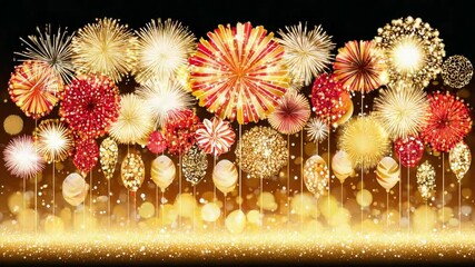 Dynamic display of golden and red firework patterns set against a black background