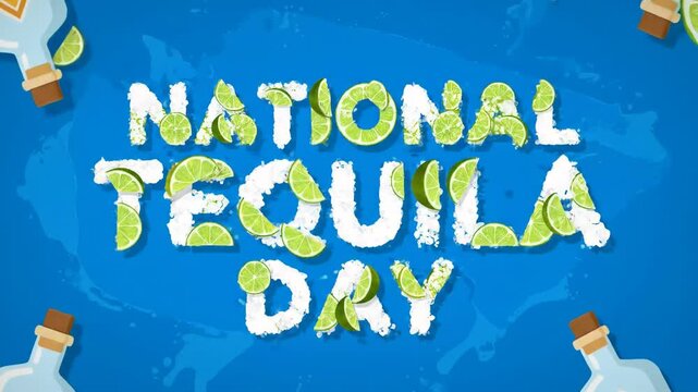 Tequila letters display salt lime pieces vivid blue background promoting refreshing drink concept National Tequila Day