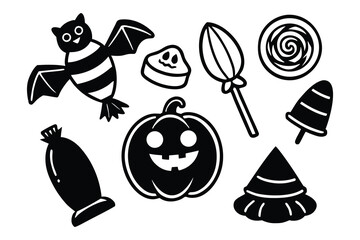 Fototapeta premium Black halloween bat pumpkin ghost candy lollipop vector