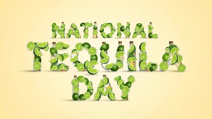 Vibrant green limes and miniature tequila bottles combine to spell National Tequila Day words on simple light background.
