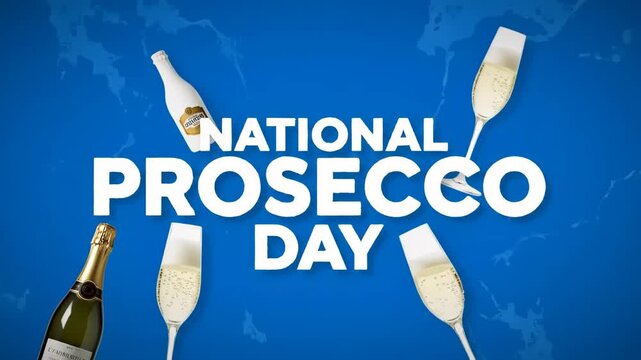 Prosecco bottles and full wine glasses float with sparkling bubbles on vivid blue background. National Prosecco Day - Powered by Adobe
